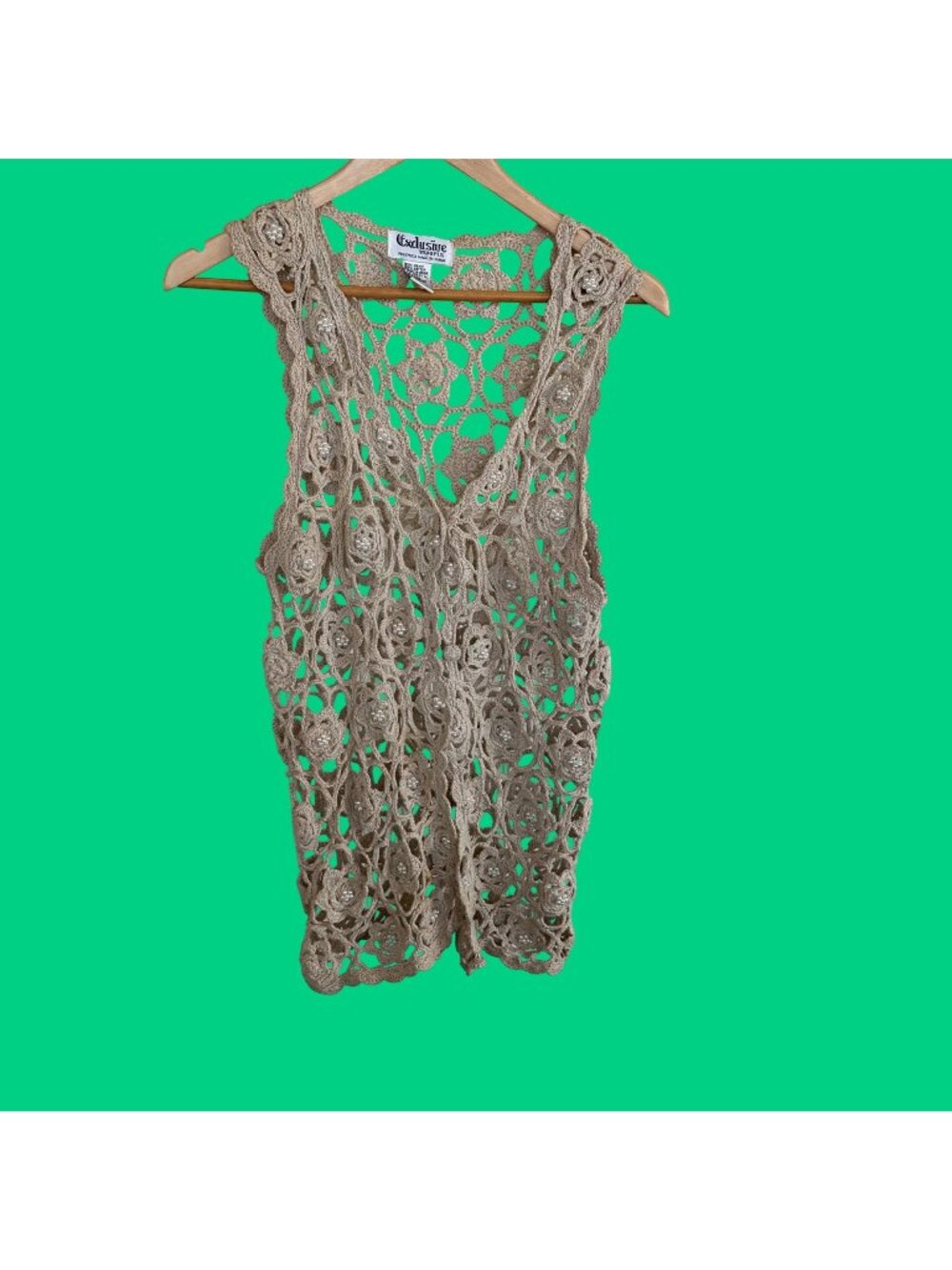 Handmade Beige Floral Open Crochet Vest With Pearl Accents One Size Fits Most